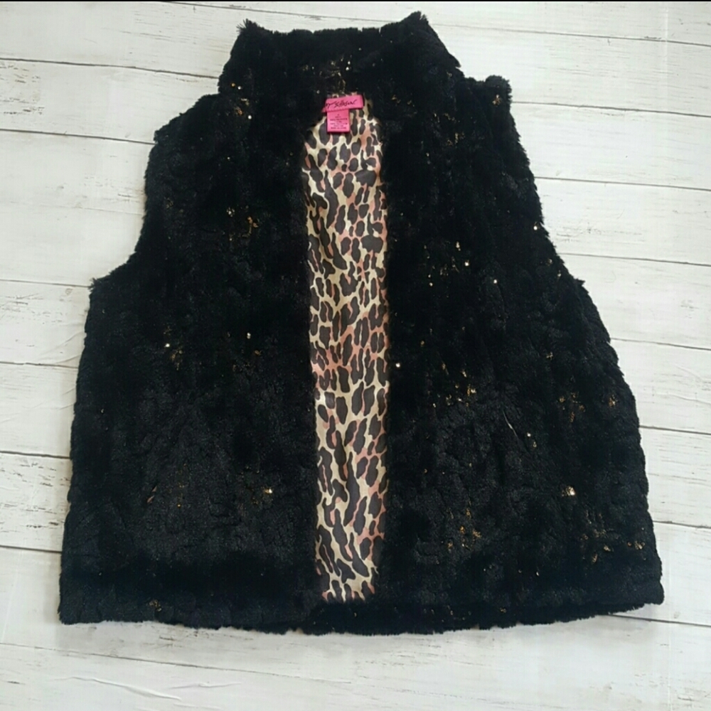 Betsey Johnson y2k black faux fur vest metallic gold sequin leopard satin lined